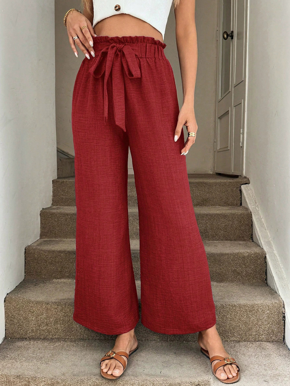 ZARA Women Linen Cotton Wide Leg Pants High Waist Drawstring Flowy Ankle Summer